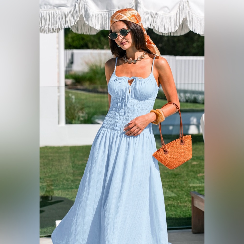 Bohemian Light Blue Smocked Midi Dress NWT